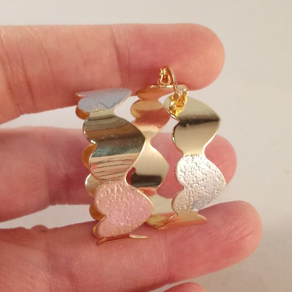 18K Yellow Gold Filled Three Color Carved Heart Hoop Earrings 32mm Party Gift - Picture 4 of 4